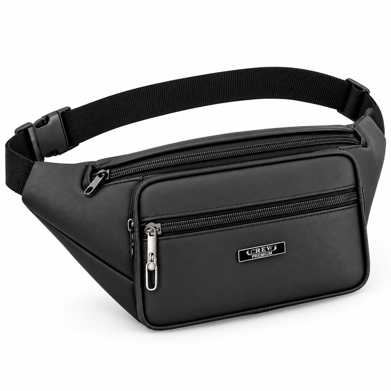 (image for) 1443 Black Leather Bumbag With 4 Zips (New)